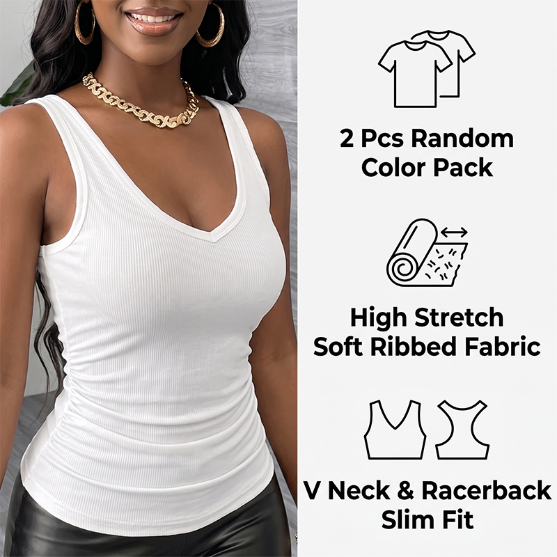 2Pcs Womens Workout Tank Tops Racerback New Women's Clothing Summer Solid Crop Top Hot Girl Sleeveless Casual V-neck Vest Camisole, T-Shirts Top Sling Woman Top Ribbed Sleeveless Beach Fashion Clothes