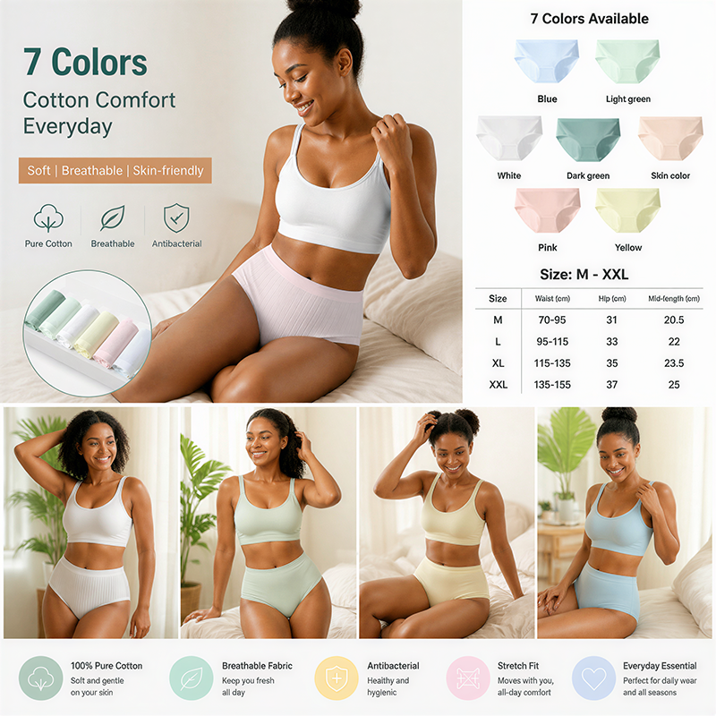 7 Pcs Women Clothes Pure Cotton Sports Style Women's Underwear Women's Panties Ladies Triangle Shorts No Trace Mid Waist Antibacterial Crotch Belly Hip Lift Seamless Breathable Woman Clothes