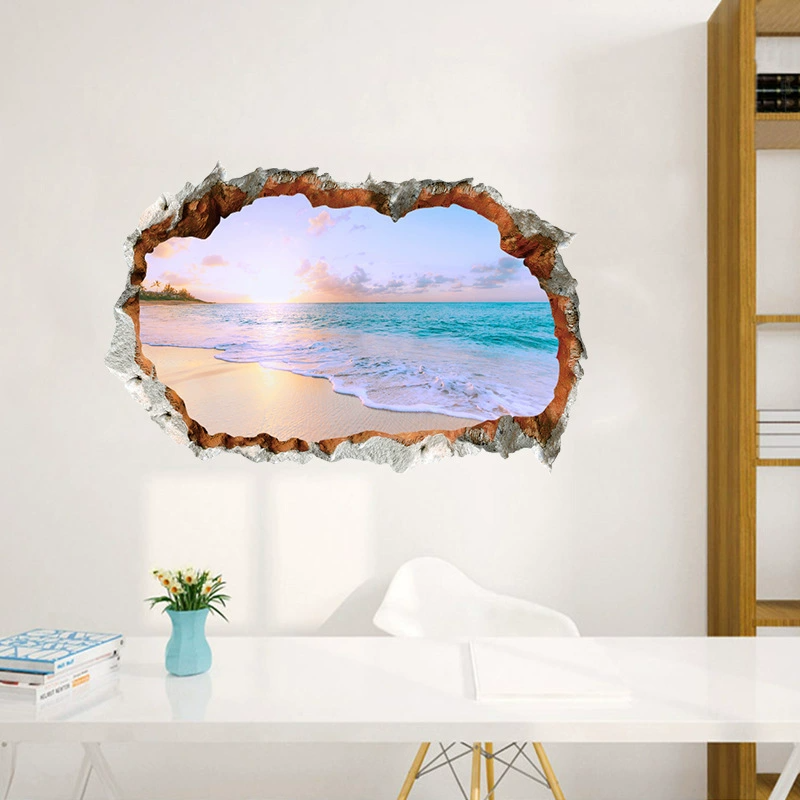 Home Decor 3D Ocean Beach Wall Sticker Broken Wall Seaside Scenery DIY Wall Decoration Stickers for Bedroom, Living Room