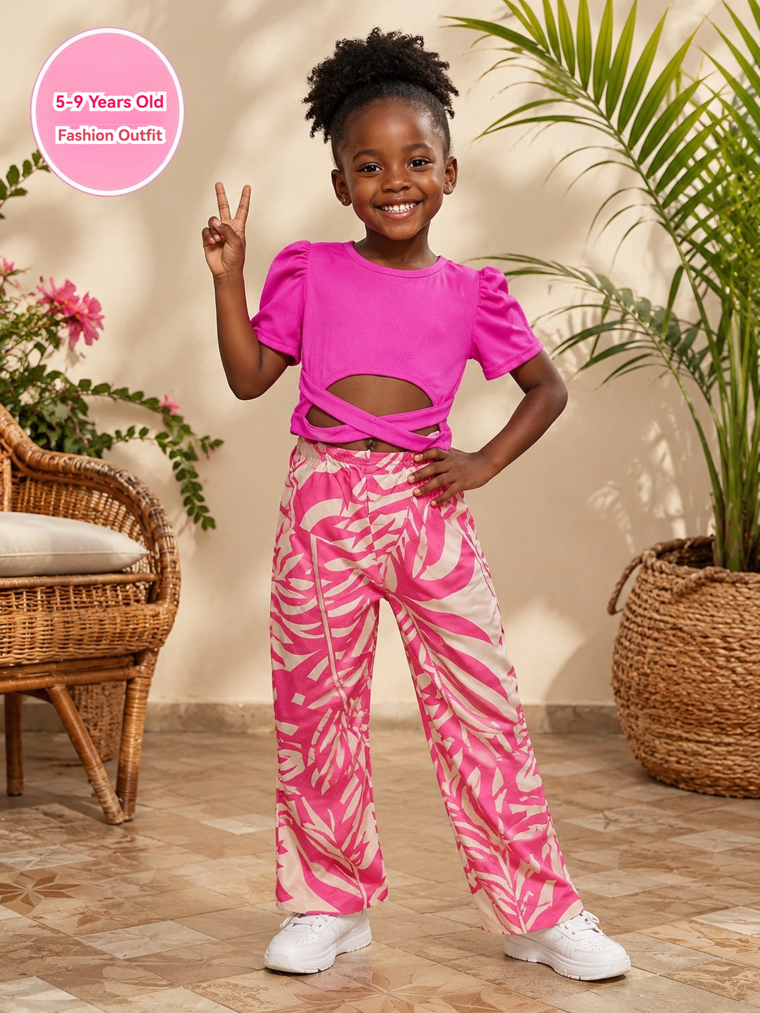 Ins Girls' Clothing Sets Summer 2-Piece Set Outfit Cross-Back Puff Sleeve Cropped Top and Floral Printed Flare Pants for 3-10 Years Girls Clothes Fashion Kids Clothes