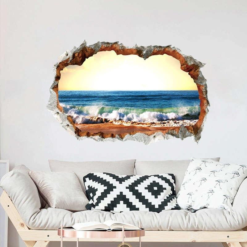 Home Decor 3D Ocean Beach Wall Sticker Broken Wall Seaside Scenery DIY Wall Decoration Stickers for Bedroom, Living Room