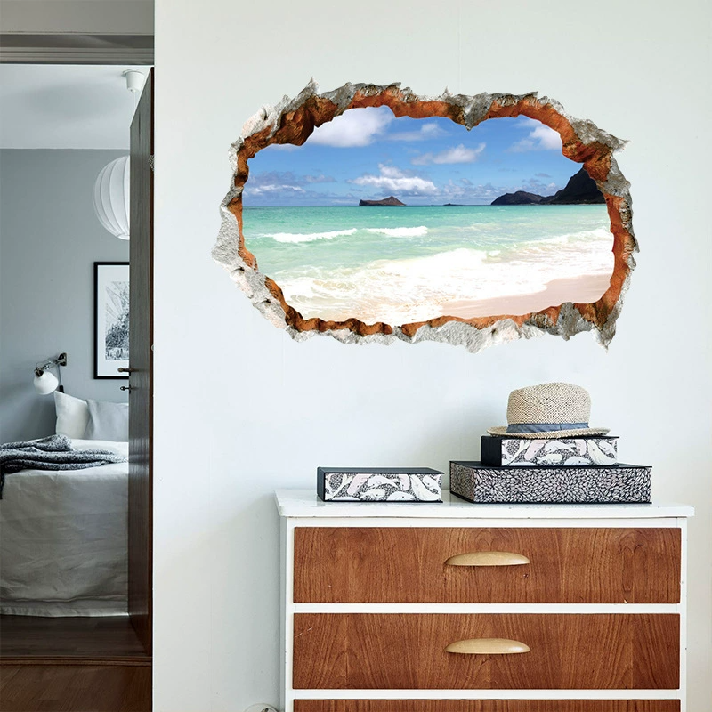 Home Decor 3D Ocean Beach Wall Sticker Broken Wall Seaside Scenery DIY Wall Decoration Stickers for Bedroom, Living Room