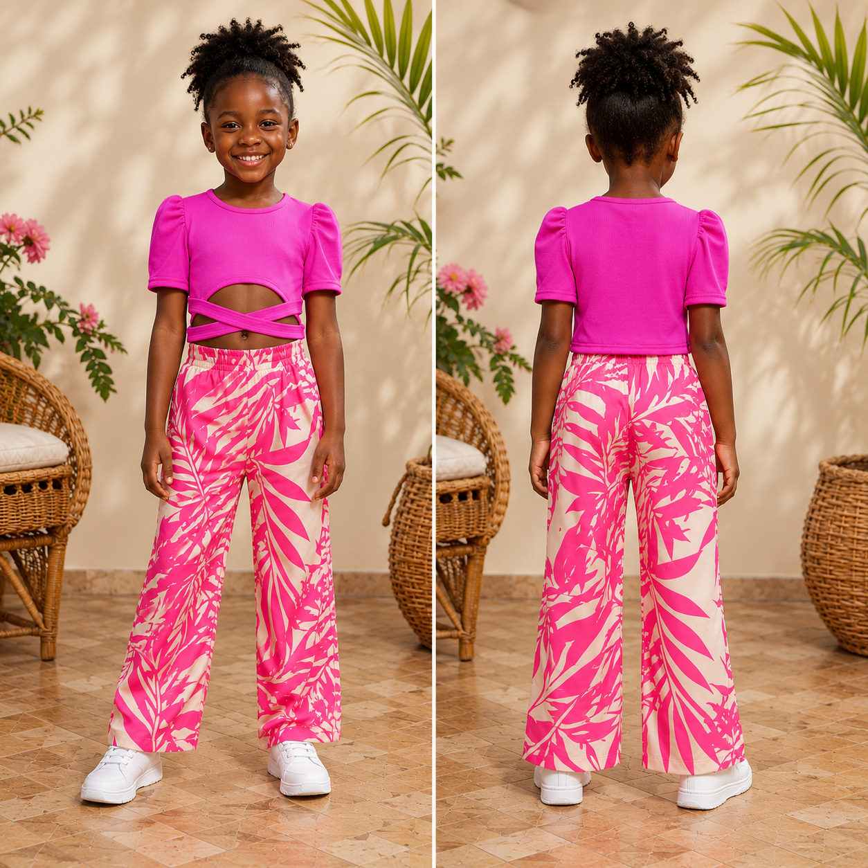 Ins Girls' Clothing Sets Summer 2-Piece Set Outfit Cross-Back Puff Sleeve Cropped Top and Floral Printed Flare Pants for 3-10 Years Girls Clothes Fashion Kids Clothes