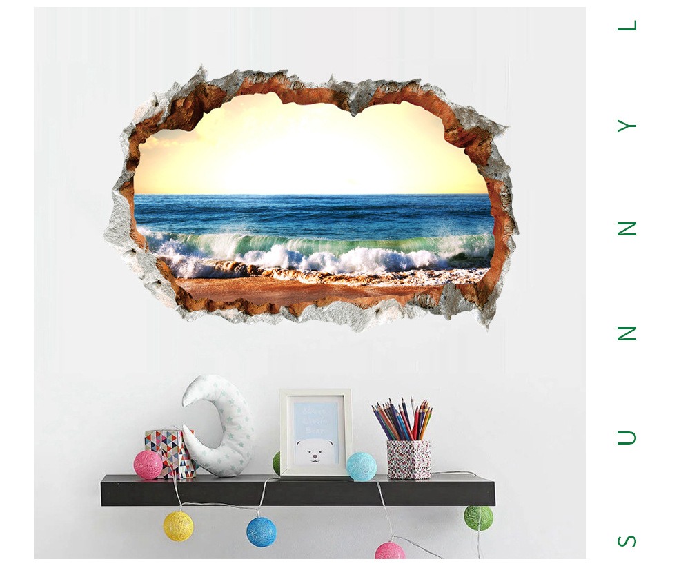 Home Decor 3D Ocean Beach Wall Sticker Broken Wall Seaside Scenery DIY Wall Decoration Stickers for Bedroom, Living Room