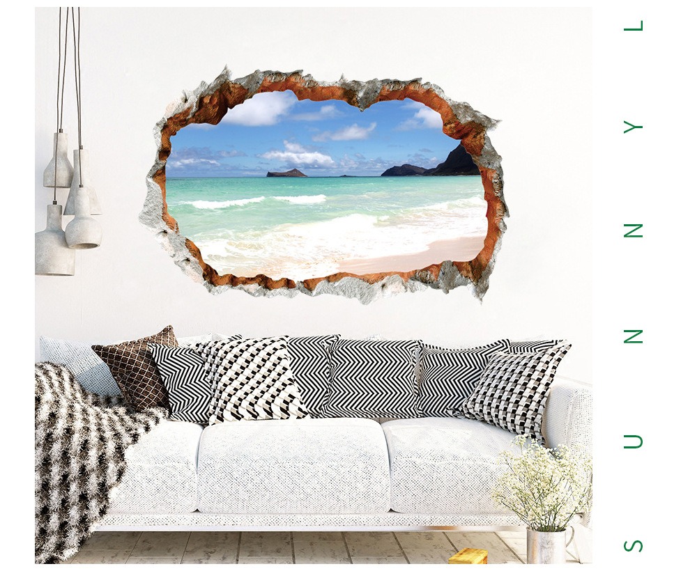 Home Decor 3D Ocean Beach Wall Sticker Broken Wall Seaside Scenery DIY Wall Decoration Stickers for Bedroom, Living Room