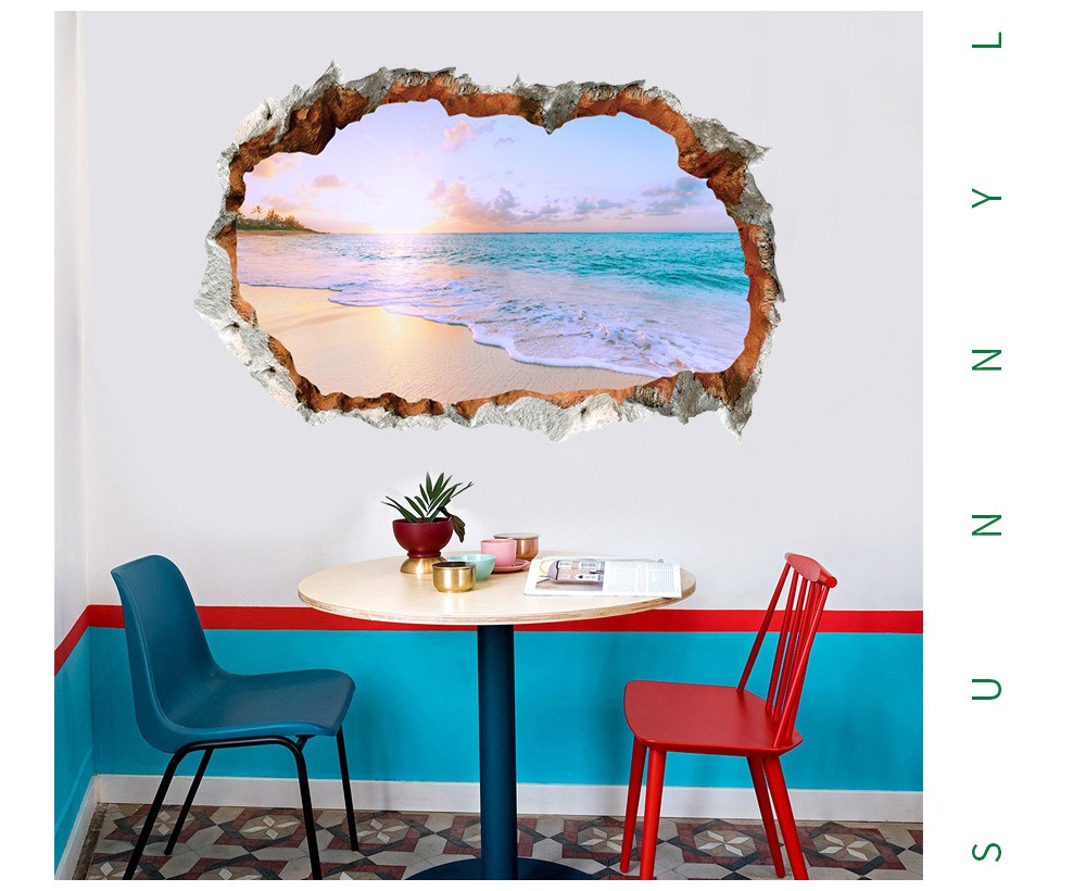 Home Decor 3D Ocean Beach Wall Sticker Broken Wall Seaside Scenery DIY Wall Decoration Stickers for Bedroom, Living Room