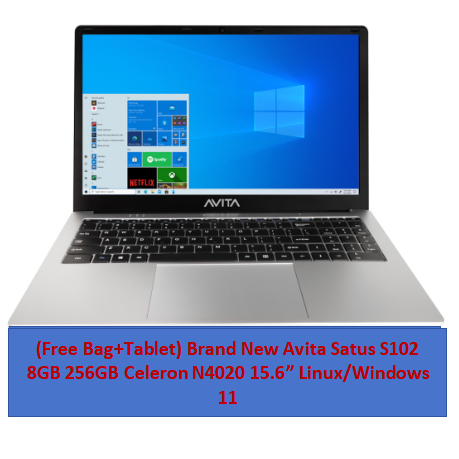(Free Tablet+Bag) Brand New AVITA SATUS S102 Laptop 8GB+256GB+15.6" SATA 3.0 SSD Storage Intel Celeron N4020 7.4V 5000mAh Battery Linux OS Windows 11 Home on request Bluetooth 5.0