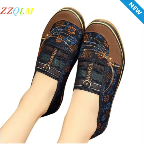 Ladies Floral Print Slip On Canvas Flat Loafers Soft Comfort Walking Casual Shoes Women Casual Shoes