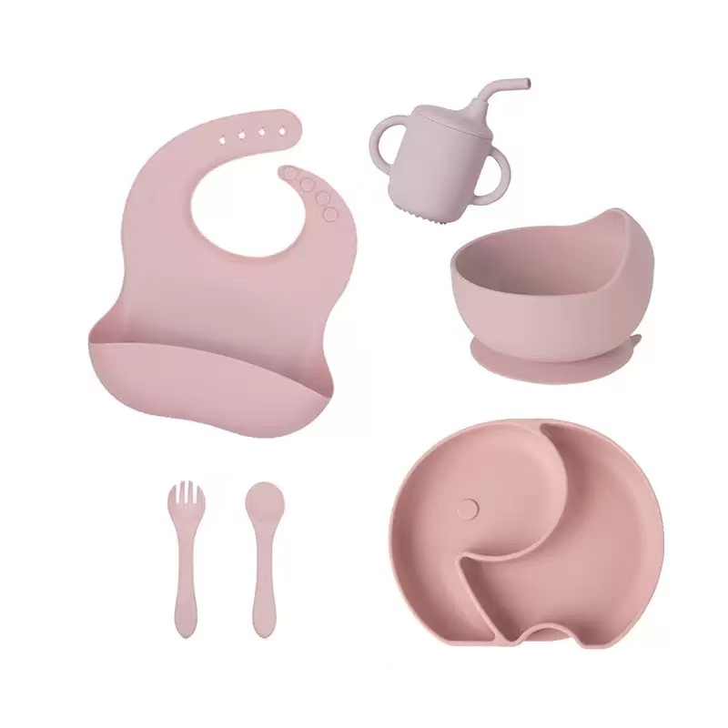 6pcs Silicone Baby Feeding Set, Baby Led Weaning Supplies with Suction Bowl Divided Plate, Baby Eating Utensils Baby Bowl Plat Toddler Self Feeding Dish Set with Spoons Forks Sippy Cup Adjustable Bib