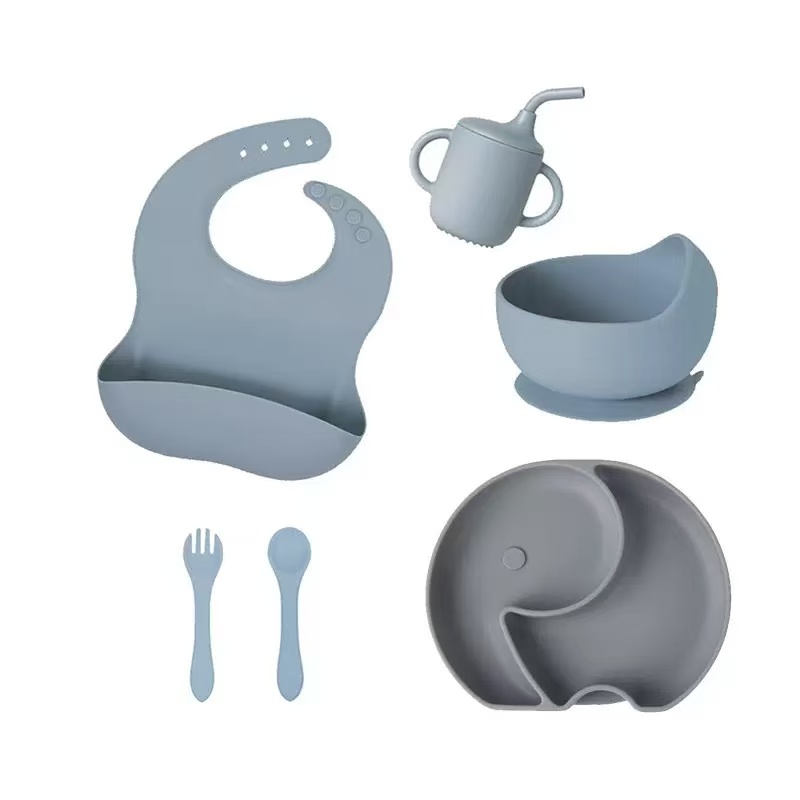 6pcs Silicone Baby Feeding Set, Baby Led Weaning Supplies with Suction Bowl Divided Plate, Baby Eating Utensils Baby Bowl Plat Toddler Self Feeding Dish Set with Spoons Forks Sippy Cup Adjustable Bib
