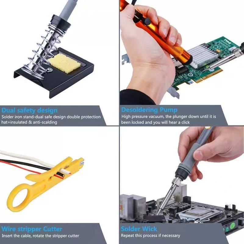 Soldering Iron Kit, Soldering Kit with LCD Digital Multimeter, 60W Soldering Iron with 5 Extra Tips, Stand, Desoldering Pump, Solder, Wire Stripper Cutter, Tweezers, Tape, Tool Bag