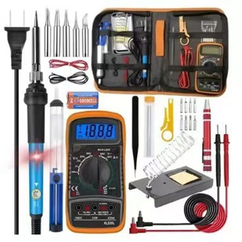 Soldering Iron Kit, Soldering Kit with LCD Digital Multimeter, 60W Soldering Iron with 5 Extra Tips, Stand, Desoldering Pump, Solder, Wire Stripper Cutter, Tweezers, Tape, Tool Bag