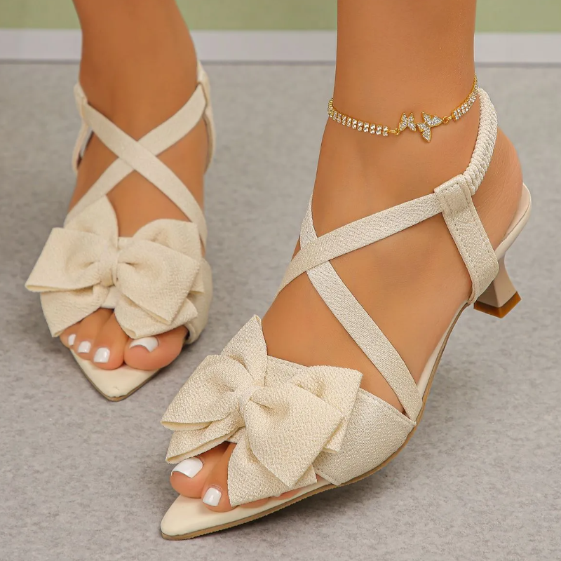 Women's Bow Kitten Heel Shoes,Black & Beige Pointed-Toe Slingback Heels With Elastic Strap,Elegant Fabric Bow,Comfort Low Heel,Non-Slip Outsole,Plus Size Available,Party & Office Footwear For Ladies