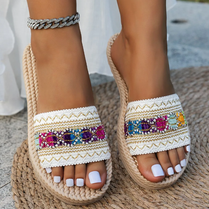 Women's Boho Woven Embroidery Platform Slide Sandal Shoes, Multi‑Color Ethnic‑Pattern Flat Mules With Rope‑Braided Sole, Soft Fabric Upper, Non‑Slip Outsole,Beach & Vacation Footwear For Ladies
