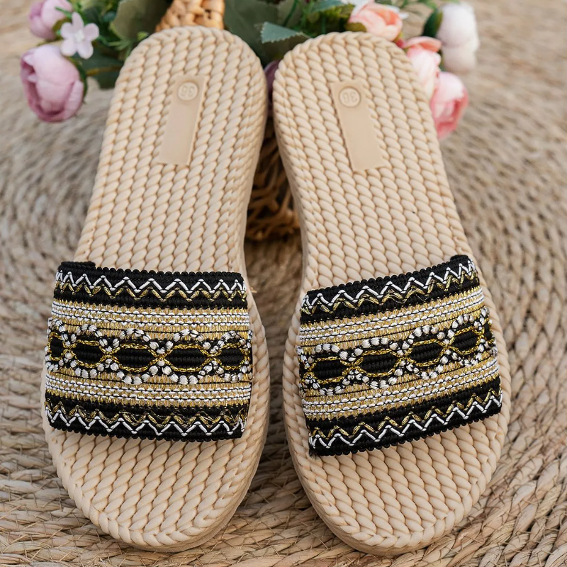 Women's Boho Woven Embroidery Platform Slide Sandal Shoes, Multi‑Color Ethnic‑Pattern Flat Mules With Rope‑Braided Sole, Soft Fabric Upper, Non‑Slip Outsole,Beach & Vacation Footwear For Ladies