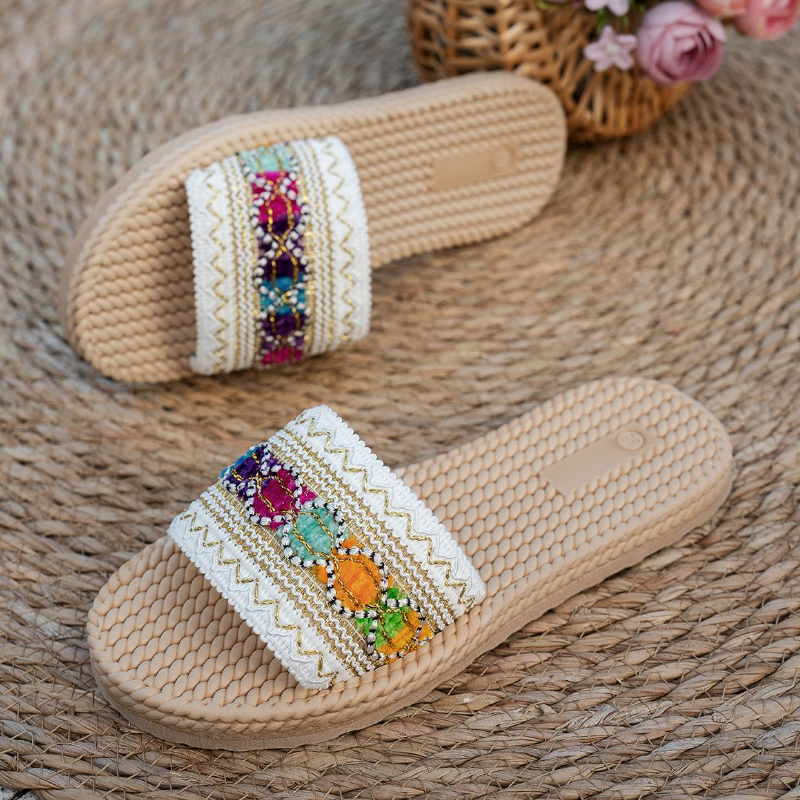 Women's Boho Woven Embroidery Platform Slide Sandal Shoes, Multi‑Color Ethnic‑Pattern Flat Mules With Rope‑Braided Sole, Soft Fabric Upper, Non‑Slip Outsole,Beach & Vacation Footwear For Ladies