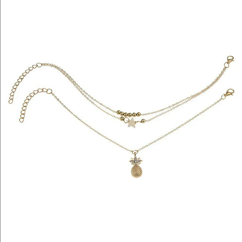 Women's Pineapple Charm Layered Anklets,Gold & Silver-Tone Ankle Bracelets With Star,Bead & Pineapple Details,Polished Metal Design, Adjustable Fit,Ideal For Casual & Beach Occasions,Durable & Trendy