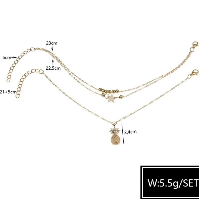 Women's Pineapple Charm Layered Anklets,Gold & Silver-Tone Ankle Bracelets With Star,Bead & Pineapple Details,Polished Metal Design, Adjustable Fit,Ideal For Casual & Beach Occasions,Durable & Trendy