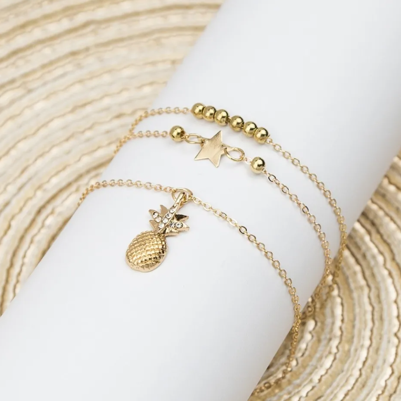 Women's Pineapple Charm Layered Anklets,Gold & Silver-Tone Ankle Bracelets With Star,Bead & Pineapple Details,Polished Metal Design, Adjustable Fit,Ideal For Casual & Beach Occasions,Durable & Trendy