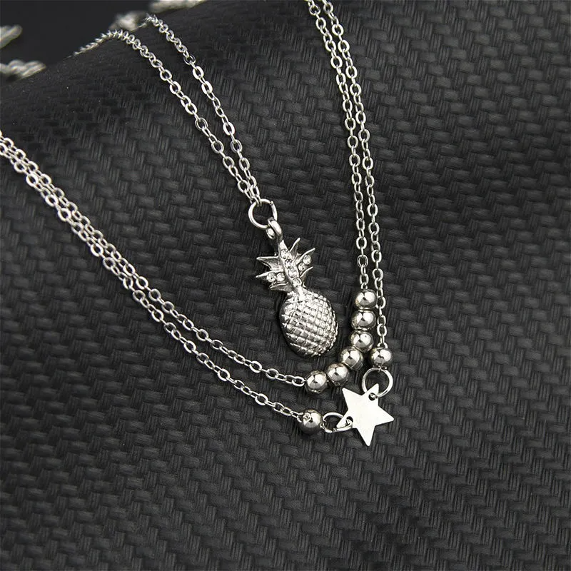 Women's Pineapple Charm Layered Anklets,Gold & Silver-Tone Ankle Bracelets With Star,Bead & Pineapple Details,Polished Metal Design, Adjustable Fit,Ideal For Casual & Beach Occasions,Durable & Trendy