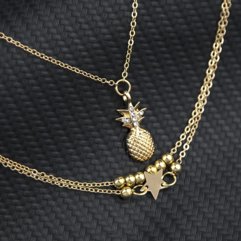 Women's Pineapple Charm Layered Anklets,Gold & Silver-Tone Ankle Bracelets With Star,Bead & Pineapple Details,Polished Metal Design, Adjustable Fit,Ideal For Casual & Beach Occasions,Durable & Trendy