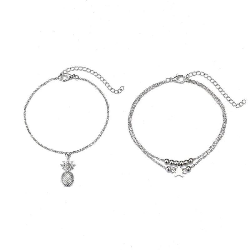 Women's Pineapple Charm Layered Anklets,Gold & Silver-Tone Ankle Bracelets With Star,Bead & Pineapple Details,Polished Metal Design, Adjustable Fit,Ideal For Casual & Beach Occasions,Durable & Trendy