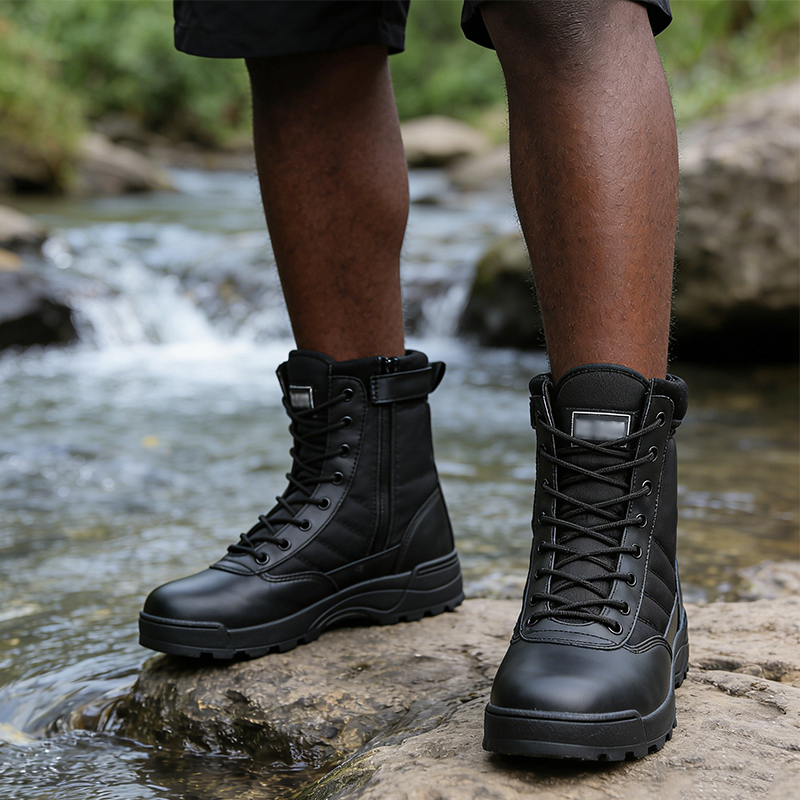 SHJO Men's Tactical Combat Shoes – Black Faux Leather & Nylon, High-Top Ankle Support, Non-Slip Rugged Outsole, Perfect For Military Training, Hiking & Outdoor Operations, All Sizes Available