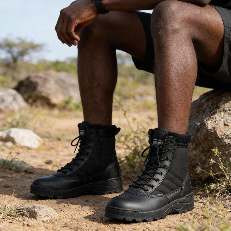 SHJO Men's Tactical Combat Shoes – Black Faux Leather & Nylon, High-Top Ankle Support, Non-Slip Rugged Outsole, Perfect For Military Training, Hiking & Outdoor Operations, All Sizes Available