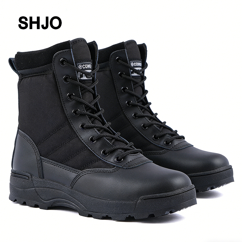 SHJO Men's Tactical Combat Shoes – Black Faux Leather & Nylon, High-Top Ankle Support, Non-Slip Rugged Outsole, Perfect For Military Training, Hiking & Outdoor Operations, All Sizes Available