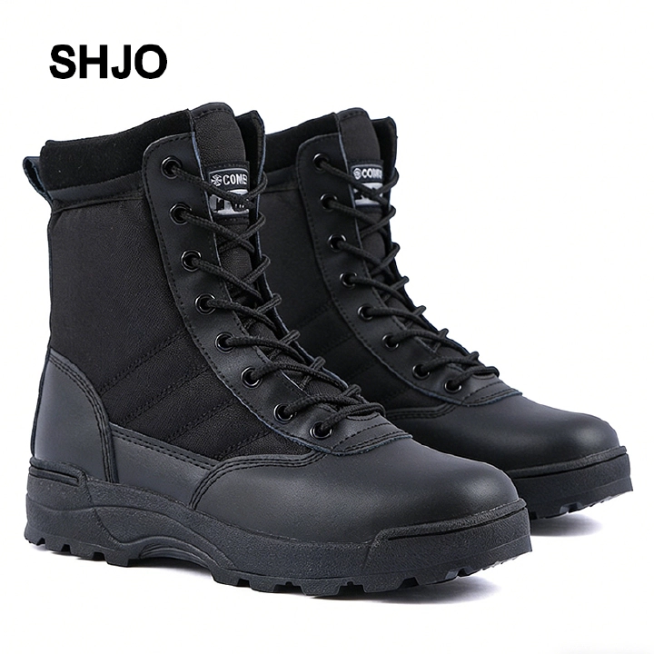 SHJO Men's Tactical Combat Shoes – Black Faux Leather & Nylon, High-Top Ankle Support, Non-Slip Rugged Outsole, Perfect For Military Training, Hiking & Outdoor Operations, All Sizes Available