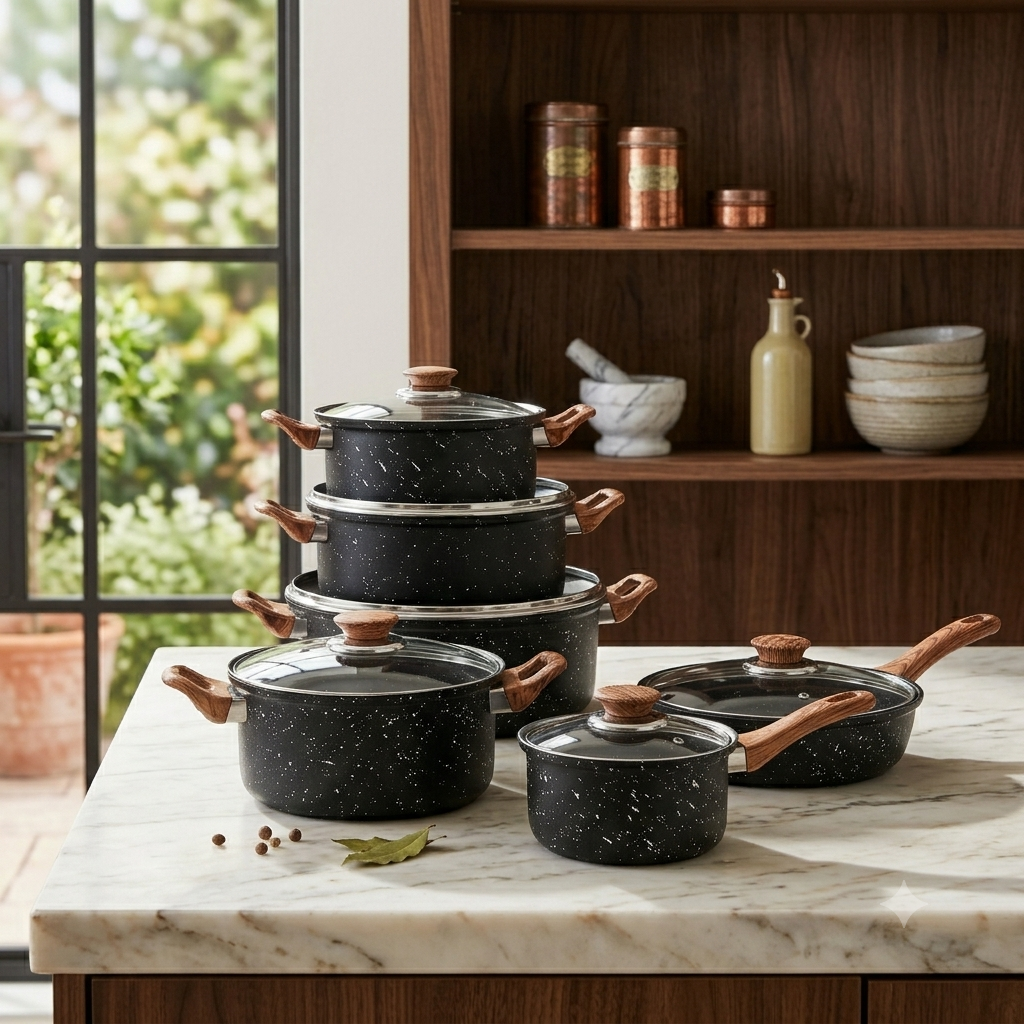 12PCS granite-coated non-stick cookware set with wooden handles and glass lids. Perfect for everyday cooking on gas and induction stoves.