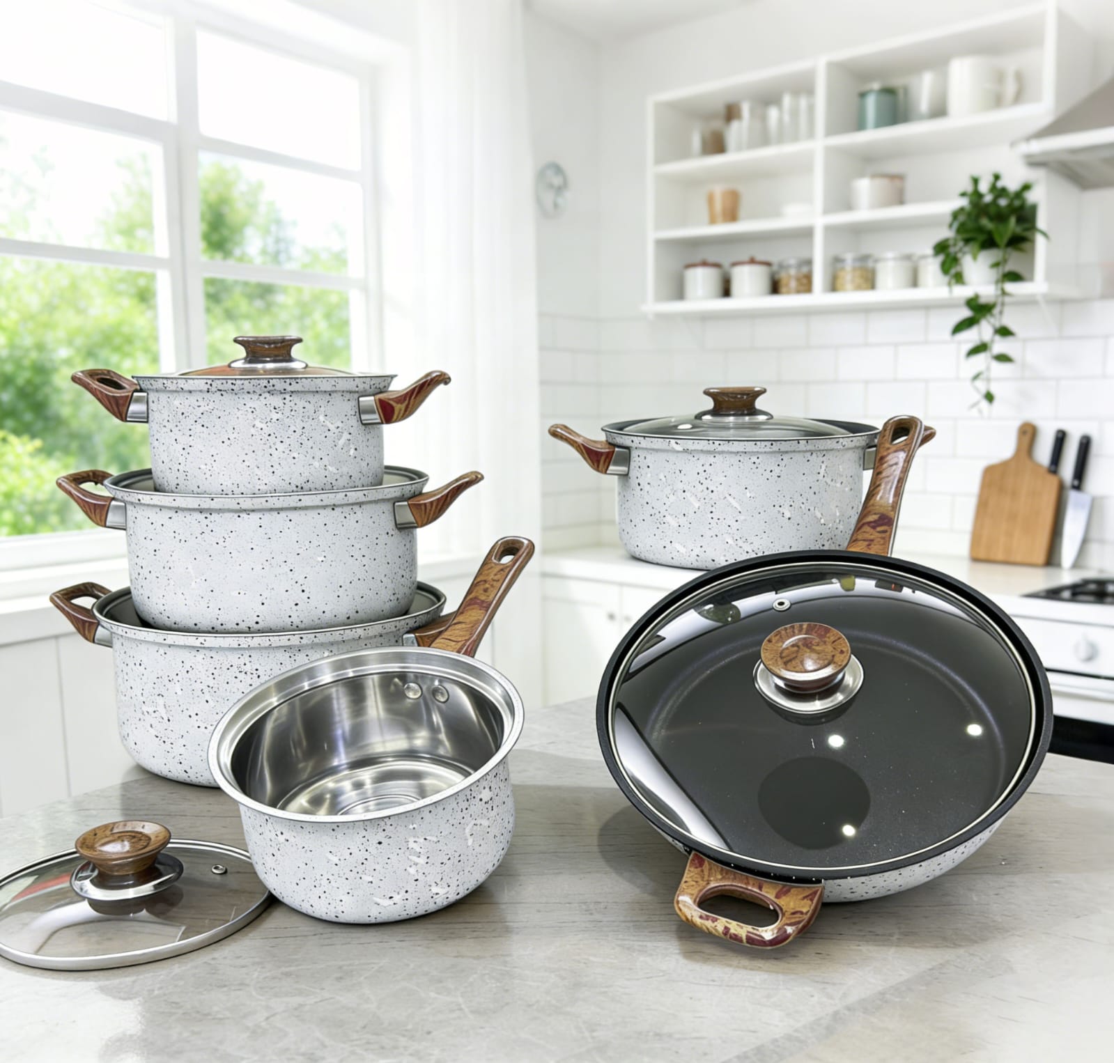 12PCS granite-coated non-stick cookware set with wooden handles and glass lids. Perfect for everyday cooking on gas and induction stoves.