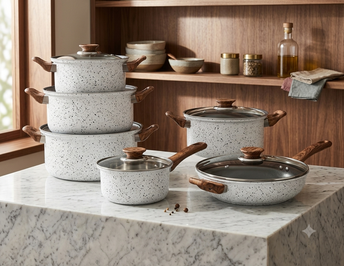 12PCS granite-coated non-stick cookware set with wooden handles and glass lids. Perfect for everyday cooking on gas and induction stoves.