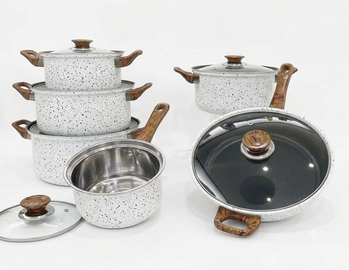 12PCS granite-coated non-stick cookware set with wooden handles and glass lids. Perfect for everyday cooking on gas and induction stoves.