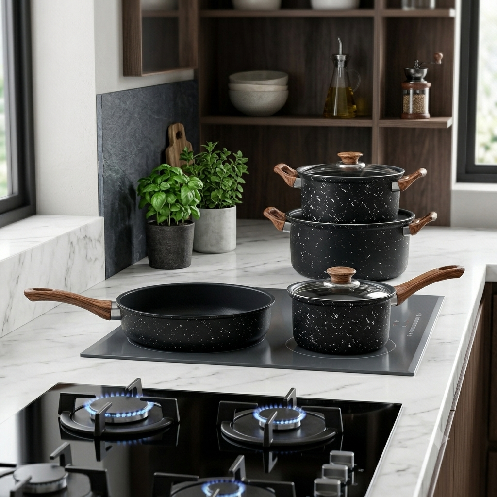 12PCS granite-coated non-stick cookware set with wooden handles and glass lids. Perfect for everyday cooking on gas and induction stoves.