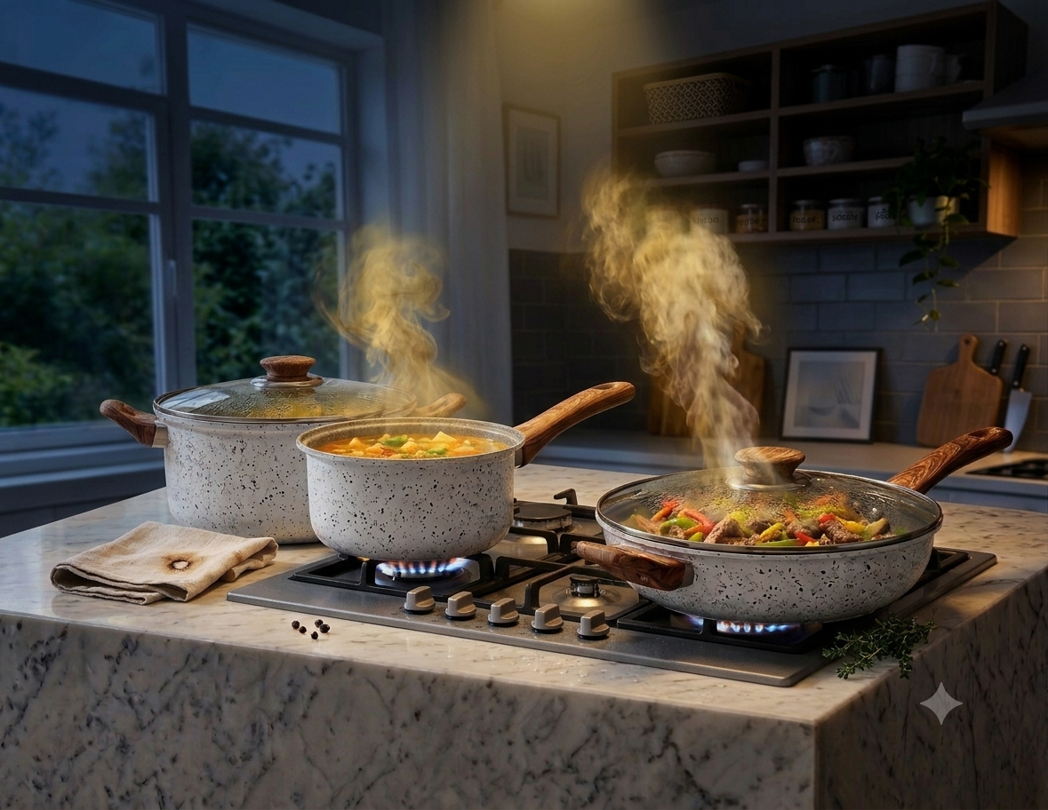 12PCS granite-coated non-stick cookware set with wooden handles and glass lids. Perfect for everyday cooking on gas and induction stoves.