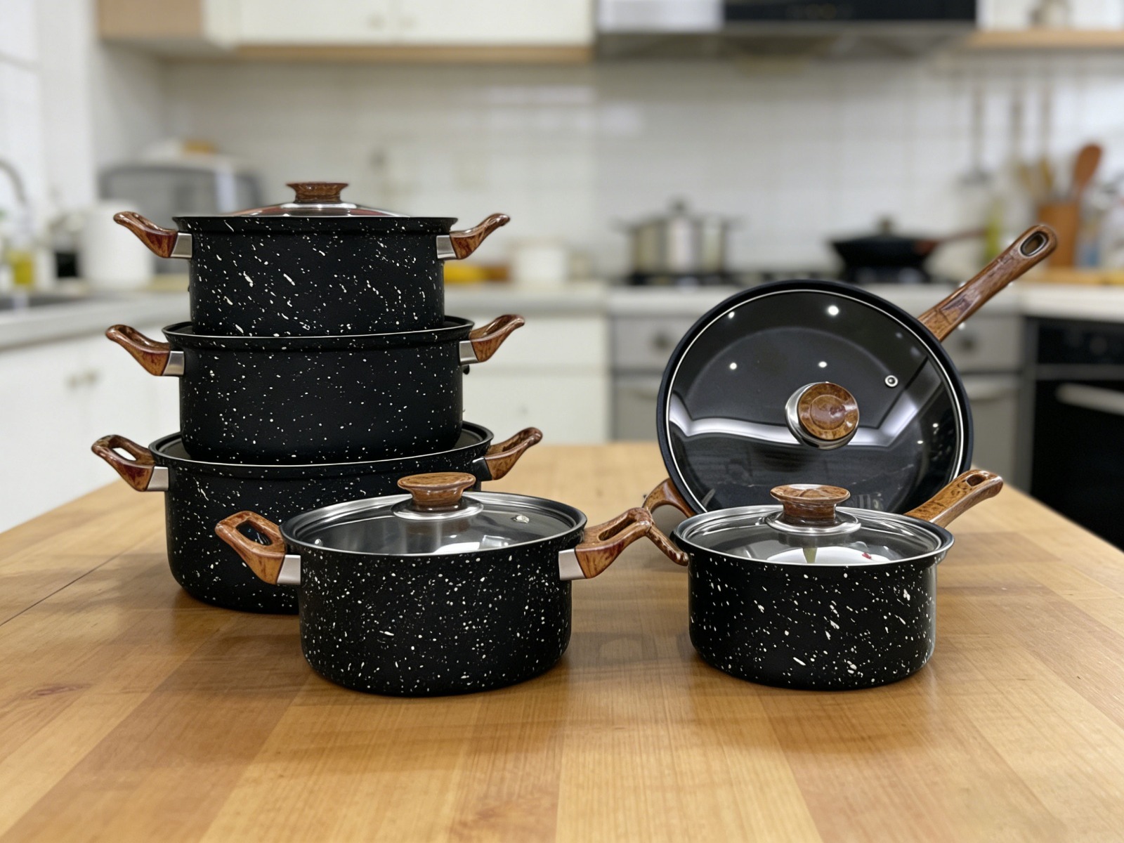12PCS granite-coated non-stick cookware set with wooden handles and glass lids. Perfect for everyday cooking on gas and induction stoves.