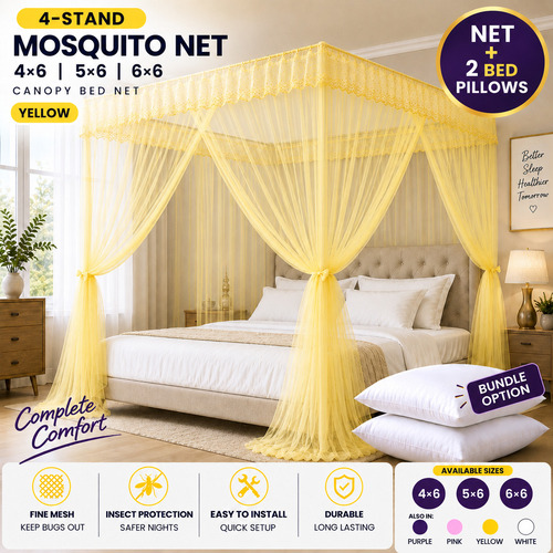4-Stand Mosquito Net 4×6/5×6/6×6 Canopy Bed Net  Pillow Bundle