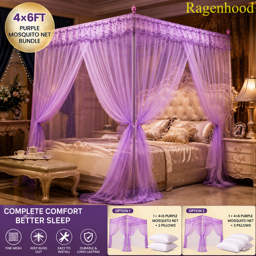 4-Stand Mosquito Net 4×6/5×6/6×6 Canopy Bed Net  Pillow Bundle
