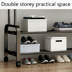 Double Rail Clothes Rack with Wheels, Heavy Duty Metal Garment Rack with Bottom Storage Shelves, Portable Wardrobe Organizer for Bedroom, 105 × 140cm, Black