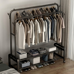 Double Rail Clothes Rack with Wheels, Heavy Duty Metal Garment Rack with Bottom Storage Shelves, Portable Wardrobe Organizer for Bedroom, 105 × 140cm, Black