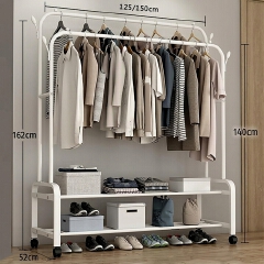 Double Rail Clothes Rack with Wheels, Heavy Duty Metal Garment Rack with Bottom Storage Shelves, Portable Wardrobe Organizer for Bedroom, 105 × 140cm, Black