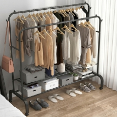 Double Rail Clothes Rack with Wheels, Heavy Duty Metal Garment Rack with Bottom Storage Shelves, Portable Wardrobe Organizer for Bedroom, 105 × 140cm, Black