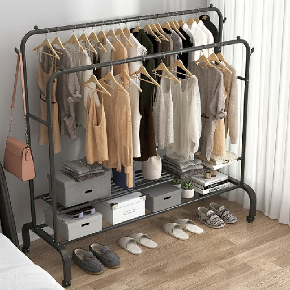 Double Rail Clothes Rack with Wheels, Heavy Duty Metal Garment Rack with Bottom Storage Shelves, Portable Wardrobe Organizer for Bedroom, 105 × 140cm, Black