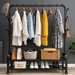 Double Rail Clothes Rack with Wheels, Heavy Duty Metal Garment Rack with Bottom Storage Shelves, Portable Wardrobe Organizer for Bedroom, 105 × 140cm, Black