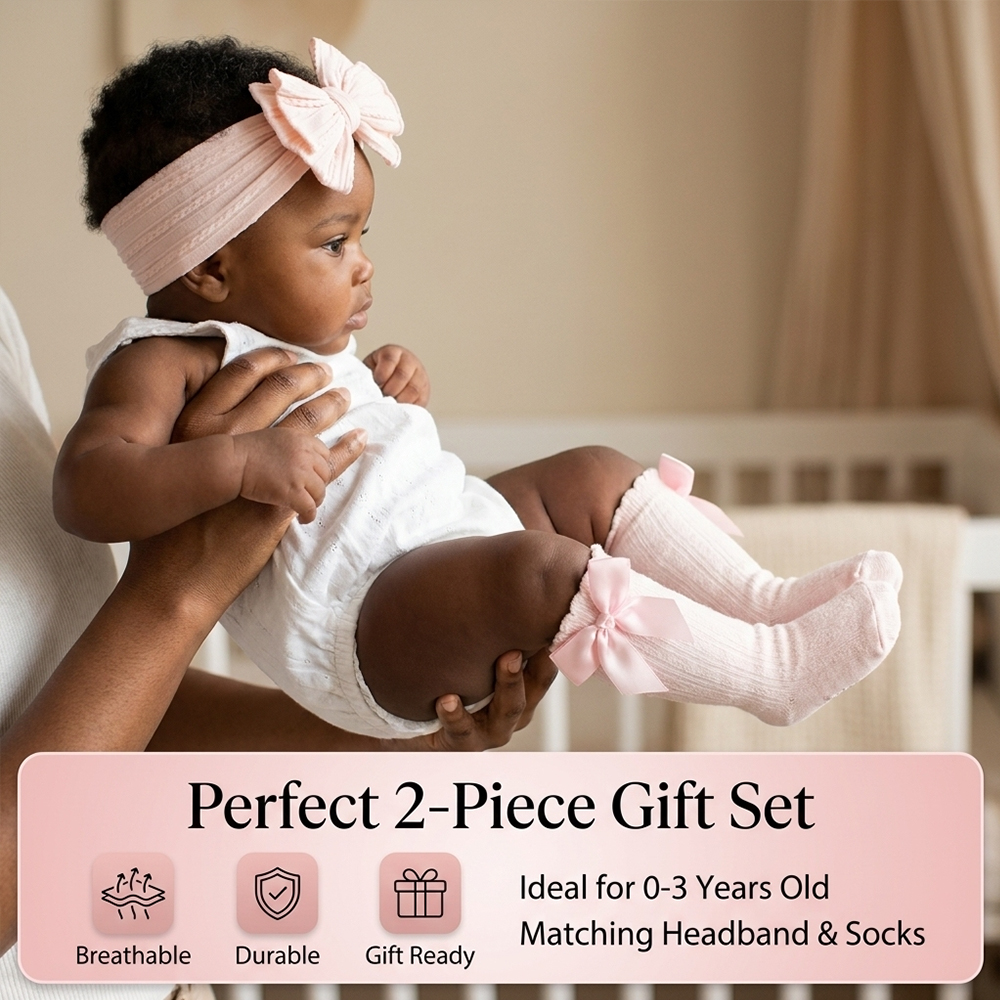 Kids Headband and Socks Set 2 In 1 Turban & Socks Bow Decoration (0-3 Yrs)