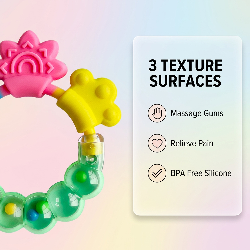 2Pcs Baby-Safe Rattle Teether 3 Kinds of Bite Points Infant 2-Pack Silicone Teether PC Rattle (0+ Months)