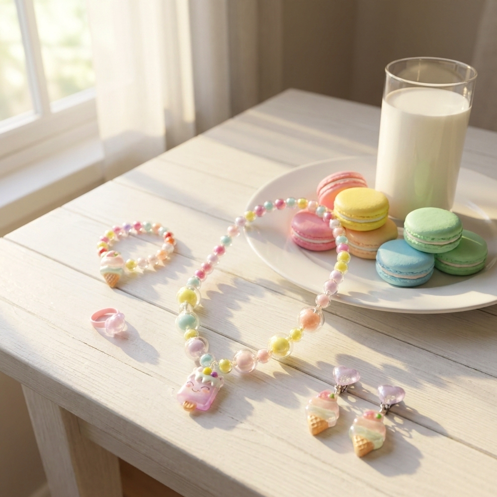 Girls Jewelry Set Cute 5-Piece Ice Cream Theme Jewelry Set Necklaces Bracelets Rings Ear Clips