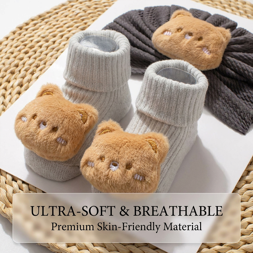 Kids Hat and Socks Set 2 In 1  Newborn Turban & Socks Cute Bear Decoration Baby Turbans Socks  (0-3 Yrs)