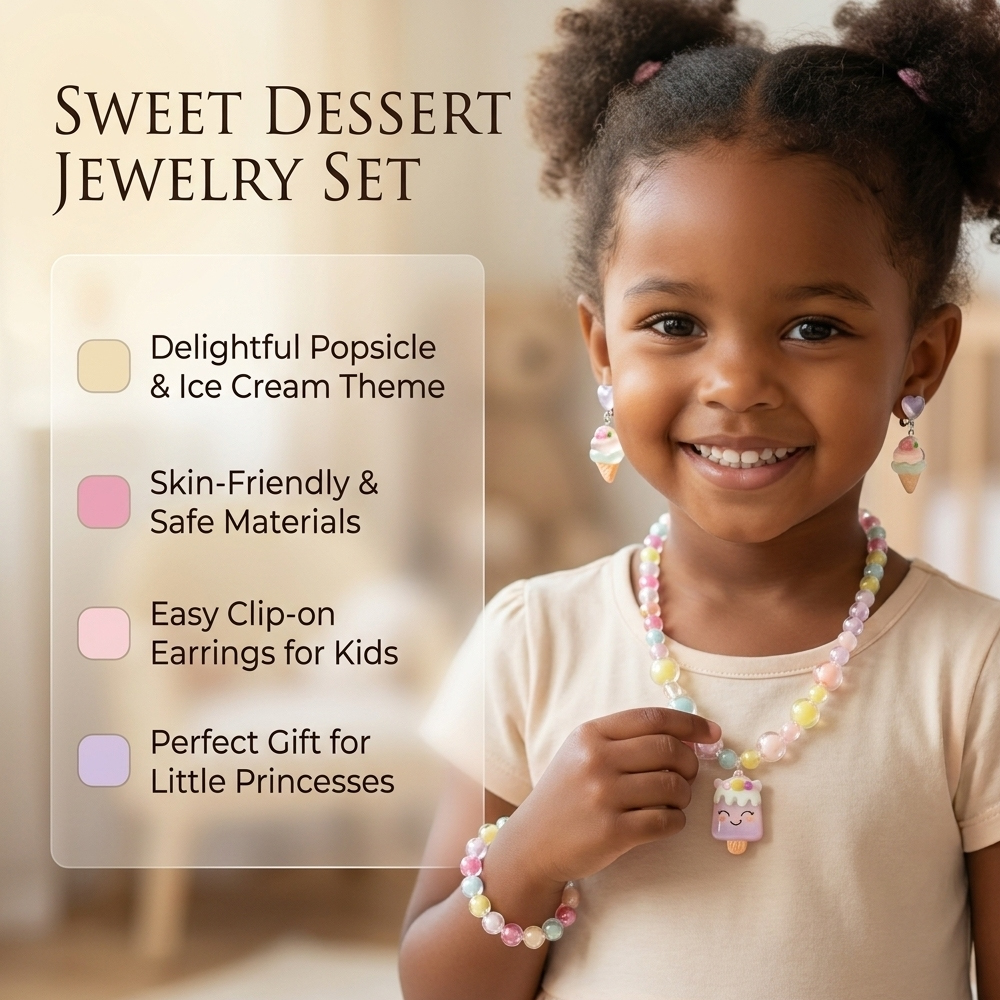 Girls Jewelry Set Cute 5-Piece Ice Cream Theme Jewelry Set Necklaces Bracelets Rings Ear Clips